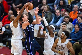 Feb 22, 2024; Cleveland, Ohio, USA; Cleveland Cavaliers forward Evan Mobley (4) defends a shot by Orlando Magic center Moritz Wagner (21) in the fourth quarter at Rocket Mortgage FieldHouse. Mandatory Credit: David Richard-USA TODAY Sports/File photo