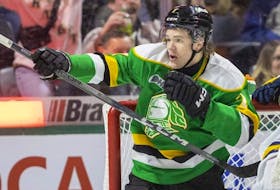 Easton Cowan of the London Knights celebrates after scoring a goal against the Erie Otters in London, Ont., on Feb. 2, 2024. 