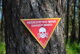 A plate reading "Danger mines" set in a tree in the forest outside Izyum, Kharkiv region, amid the Russian invasion in Ukraine.