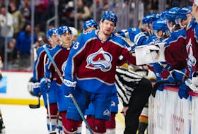 Jan 10, 2024; Denver, Colorado, USA; Colorado Avalanche right wing Valeri Nichushkin (13) celebrates a goal scored in the third period against the Vegas Golden Knights at Ball Arena. Mandatory Credit: Ron Chenoy-USA TODAY Sports/File Photo