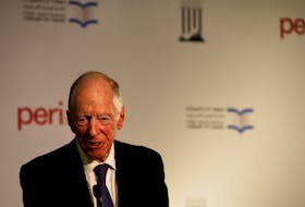 Lord Jacob Rothschild speaks at an event marking the signing of an agreement between the state libraries of Israel and Russia, whereby one of the most treasured collections of ancient Hebrew manuscripts and books will be digitised and available for public view online, at the National Library of Israel in Jerusalem November 7, 2017.