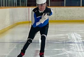 Robert Burchell of New Victoria takes a stride during speed skating practice at the Sydney Mines and District Community Centre last week. The 61-year-old will compete in speed skating at the Special Olympics Canada Winter Games this week in Calgary. CONTRIBURED/DONNA WHITE