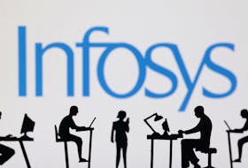 Figurines with computers and smartphones are seen in front of Infosys logo in this illustration taken, February 19, 2024.