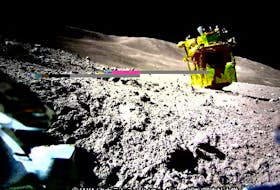 The Smart Lander for Investigating Moon (SLIM), is seen in this handout image taken by LEV-2 on the moon, released on January 25, 2024. Japan Aerospace Exploration Agency (JAXA), TAKARA TOMY, Sony Group, Doshisha University /via