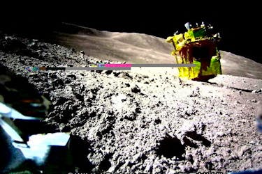 The Smart Lander for Investigating Moon (SLIM), is seen in this handout image taken by LEV-2 on the moon, released on January 25, 2024. Japan Aerospace Exploration Agency (JAXA), TAKARA TOMY, Sony Group, Doshisha University /via
