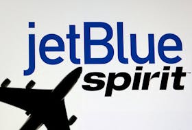Airplane model is placed on displayed Spirit Airlines and jetBlue Airways logos in this illustration taken, June 21, 2022.