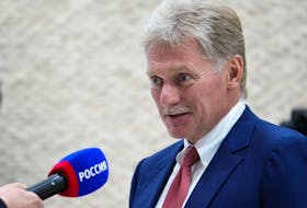 Russia's Kremlin spokesman Dmitry Peskov answers a question during a meeting with journalists in Vladivostok, Russia, in this picture released September 12, 2023. Sputnik/Alexander Vilf/Pool via