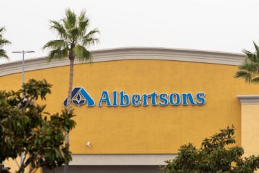 The Albertsons logo is seen on an Albertsons grocery store, as Kroger agrees to buy rival Albertsons in a deal to combine the two supermarket chains, in Riverside, California, U.S., October 14, 2022. 