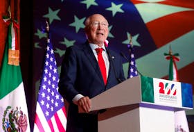 U.S. Ambassador to Mexico Ken Salazar speaks at an event marking more than 200 years of diplomatic relations between the United States and Mexico, in Mexico City, Mexico, December 6, 2023.