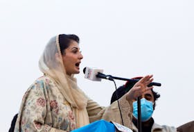Maryam Nawaz, the daughter of Pakistan's former Prime Minister Nawaz Sharif, gestures as she speaks during an anti-government protest rally organized by the Pakistan Democratic Movement (PDM), an alliance of political opposition parties, in Peshawar, Pakistan November 22, 2020.