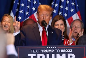 Republican presidential candidate and former U.S. President Donald Trump speaks during his South Carolina Republican presidential primary election night party in Columbia, South Carolina, U.S. February 24, 2024.