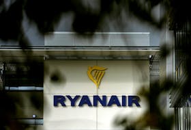General view of the Ryanair logo at their headquarters in Dublin, Ireland, September 16, 2021.