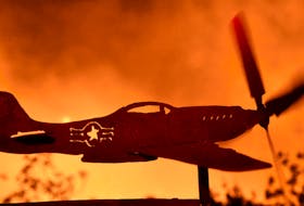 An airplane weather-vain propeller spins from the heavy winds from the Thomas Fire in the hills  outside Montecito California, U.S., December 16, 2017. 