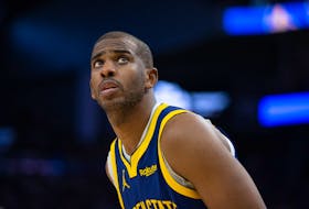 Dec 30, 2023; San Francisco, California, USA; Golden State Warriors guard Chris Paul (3) checks the scoreboard during the fourth quarter against the Dallas Mavericks at Chase Center. Mandatory Credit: D. Ross Cameron-USA TODAY Sports/File Photo