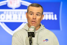 Feb 27, 2024; Indianapolis, IN, USA; Buffalo Bills general manager Brandon Beane talks to the media at the 2024 NFL Combine at Indiana Convention Center. Mandatory Credit: Trevor Ruszkowski-USA TODAY Sports