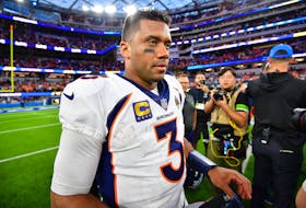 Dec 10, 2023; Inglewood, California, USA;  Denver Broncos quarterback Russell Wilson (3) reacts following the victory against the Los Angeles Chargers at SoFi Stadium. Mandatory Credit: Gary A. Vasquez-USA TODAY Sports/File Photo