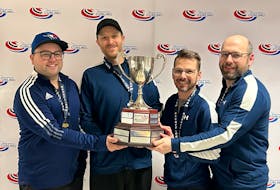 Team Stone captured the Nova Scotia Curling Association men’s club championship title on Sunday at the Bridgewater Curling Club. From left are Travis Stone, Kurt Roach, Mark MacNamara and Robin Nathanson. CONTRIBUTED