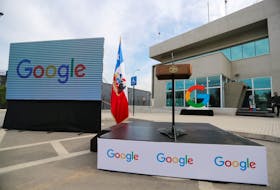 Google logos are seen during the announcement of the plans for their data centre expansion in Santiago, Chile, September 12, 2018.