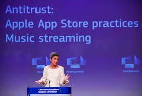 European Commissioner for Europe fit for the Digital Age Margrethe Vestager speaks during an online news conference on Apple anti trust case at the EU headquarters in Brussels, Belgium April 30, 2021. Francisco Seco/Pool via