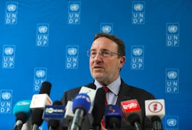 United Nations Development Programme (UNDP) Administrator Achim Steiner speaks during a news conference in Kabul, Afghanistan, March 29, 2022.