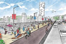 A City of Vancouver rendering showing a redesigned Granville Bridge that would reallocate two lanes to a separated pedestrian and bike lane on the west side of the bridge.