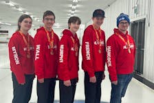 Zachary French (second from right) and his St. John’s-North rink, which includes Nathan Murphy, Winter Myron, Lucas Wall and Dylan Hancock beat Mount Pearl-South 3-2 in the gold medal game at the 2024 Newfoundland and Labrador Winter Games being held in Gander. Contributed photo