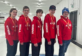 Zachary French (second from right) and his St. John’s-North rink, which includes Nathan Murphy, Winter Myron, Lucas Wall and Dylan Hancock beat Mount Pearl-South 3-2 in the gold medal game at the 2024 Newfoundland and Labrador Winter Games being held in Gander. Contributed photo