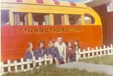 Brothers and One toured the Maritimes in the early 70s in their converted school bus. Left to right: Robert MacKinnon, Gary White (the original One), Richard MacKinnon, manager Jerome MacDonald, Kirk MacDonald, Kenny MacDonald.