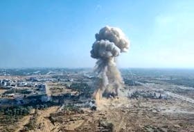 An explosion is seen in this screengrab taken from video footage released on February 26, 2024 by the Israeli army said to show the destruction of a 10-kilometre tunnel that was passing underneath a hospital and a university at a location given as Gaza. Israel Defense Forces/Handout via REUTERS