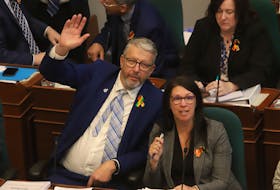 John Lohr, Minister of Municipal Affairs and Housing and Michelle Thompson Minister of Health and Wellness are seen at the opening of the spring session of the Nova Scotia legislature at Province House in Halifax Tuesday February 27, 2024.

TIM KROCHAK PHOTO