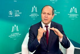 Israel’s Minister of Economy and Industry Nir Barkat gestures during an interview with Reuters at the 13th WTO ministerial conference, in Abu Dhabi, United Arab Emirates, February 26, 2024.