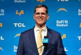 Feb 1, 2024; Inglewood, CA, USA; Los Angeles Chargers coach Jim Harbaugh speaks at an introductory press conference at YouTube Theater at SoFi Stadium. Mandatory Credit: Kirby Lee-USA TODAY Sports/File Photo