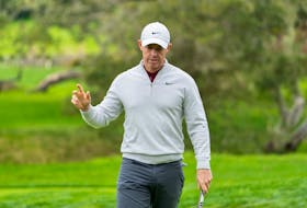 February 3, 2024; Pebble Beach, California, USA; Rory McIlroy acknowledges the crowd after making his putt on the second hole during the third round of the AT&T Pebble Beach Pro-Am golf tournament at Pebble Beach Golf Links. Mandatory Credit: Kyle Terada-USA TODAY Sports/File Photo