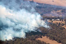 Smoke from bushfires rises north of Beaufort, near Ballarat in Victoria, Australia February 24, 2024. AAP Image/David Crosling/Pool/via