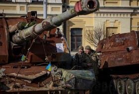 Ukrainian servicemen visit an exhibition displaying destroyed Russian military vehicles, amid Russia's attack on Ukraine, in central Kyiv, Ukraine February 27, 2024.