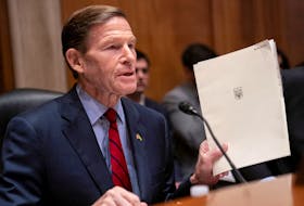 Chairman Sen. Richard Blumenthal (D-CT) holds a file he said was given to him by Ukrainian President Volodymyr Zelenskiy during a Homeland Security and Governmental Affairs Subcommittee on Investigations hearing on the use of U.S. microchips in Russian weapons systems in the Dirksen Senate Office Building in Washington, U.S., February 27, 2024.