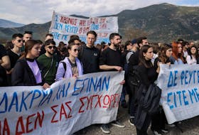 University students from across the country demonstrate at the site of Greece's deadliest train crash, in Tempi, Greece, February 24, 2024.