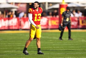 Nov 4, 2023; Los Angeles, California, USA; USC Trojans quarterback Caleb Williams (13) reacts before a game against the Washington Huskies at United Airlines Field at Los Angeles Memorial Coliseum. Mandatory Credit: Jessica Alcheh-USA TODAY Sports/File Photo