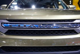 Chongqing Changan Automobile's logo on its CS75 SUV model is pictured at its booth during the Auto China 2016 auto show in Beijing, China, April 26, 2016.