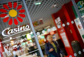 The logo of French retailer Casino is pictured outside a Casino supermarket in Nantes, France, July 27, 2023.