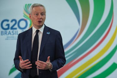 France's Minister of Economy and Finance Bruno Le Maire talks to the press during the G20 Finance Ministers and Central Banks Governors meeting, in Sao Paulo, Brazil, February 28, 2024.