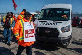 Striking Autoport workers hold up a van carrying replacement workers in Eastern Passage on Monday, Feb. 27, 2024.
Ryan Taplin - The Chronicle Herald