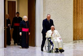 Pope Francis arrives for the weekly general audience, in Paul VI hall at the Vatican, February 28, 2024.