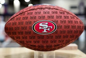 Feb 10, 2024; Las Vegas, NV, USA; A football with a San Francisco 49ers logo at the NFL Experience at the Mandalay Bay South Convention Center. Mandatory Credit: Kirby Lee-USA TODAY Sports/File Photo