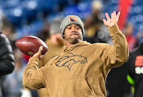 Nov 13, 2023; Orchard Park, New York, USA; Denver Broncos quarterback Russell Wilson (3) warms up before a game against the Buffalo Bills at Highmark Stadium. Mandatory Credit: Mark Konezny-USA TODAY Sports/File Photo