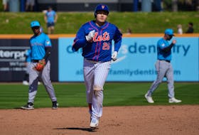 Feb 27, 2024; Port St. Lucie, Florida, USA;  New York Mets first baseman Ji-Man Choi (26) rounds the bases after hitting a solo home run in the sixth inning against the Miami Marlins at Clover Park. Mandatory Credit: Jim Rassol-USA TODAY Sports