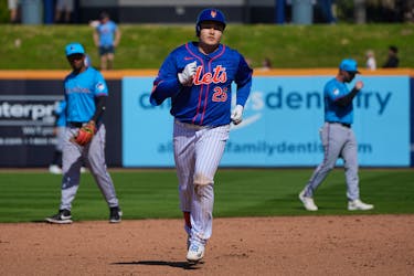 Feb 27, 2024; Port St. Lucie, Florida, USA;  New York Mets first baseman Ji-Man Choi (26) rounds the bases after hitting a solo home run in the sixth inning against the Miami Marlins at Clover Park. Mandatory Credit: Jim Rassol-USA TODAY Sports