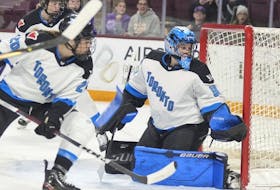 Toronto goalie Kristen Campbell is beaten for Minnesota's first goal during the first period of a WPHL hockey game on Feb. 27, 2024, in Minneapolis.
