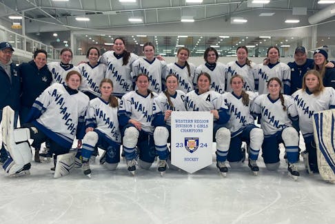 The Avon View Avalanche girls’ hockey team had a stellar 2023-24 season, culminating in it capturing the School Sport Nova Scotia Western Region Division 1 girls’ hockey championship banner and the Valley High School Hockey League girls’ title. Pictured are, from left, back row: coaches Brett Hazel and Annie Blois, Mackenzie McLean, Kailyn Beaton, Katelyn Verge, Ava Woodman, Lindsay MacDonald, Jordan Hiltz, Erika Swinamer, Ava Murray, and coaches Rob Davies and Natalie Rippey; front row: Gemma Rafuse, Rowan Moran, Abigail Smolders, Jillian Hanley, Emily Trider, Olivia Smolders, Amy Amirault, and Claire Naugler. Missing are Sarah McBlain and Emily Cossaboom.