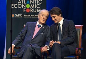  Prime Minister Justin Trudeau, right, and former prime minister Brian Mulroney speak during the Atlantic Economic Forum at St. Francis Xavier University in Antigonish, N.S. on Monday, June 19, 2023.